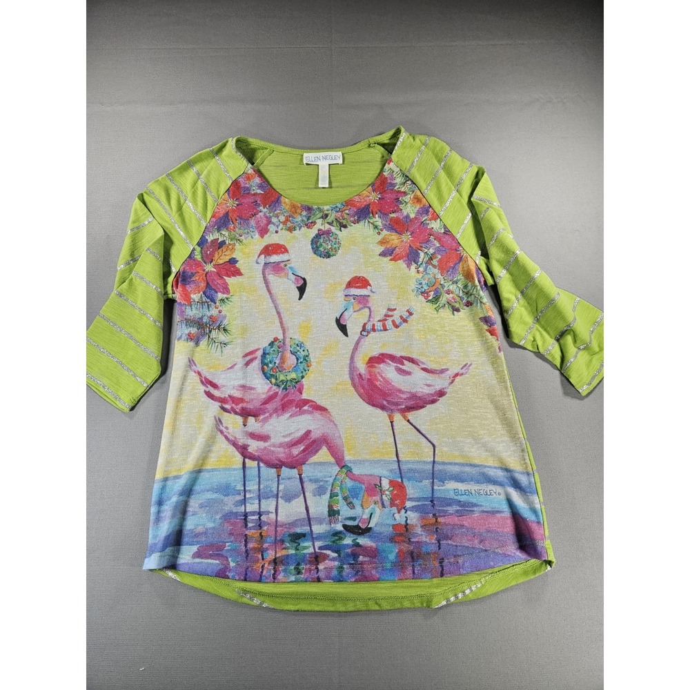 Ellen Negley Christmas Flamingo Shirt Tropical Holiday Graphic Top Large